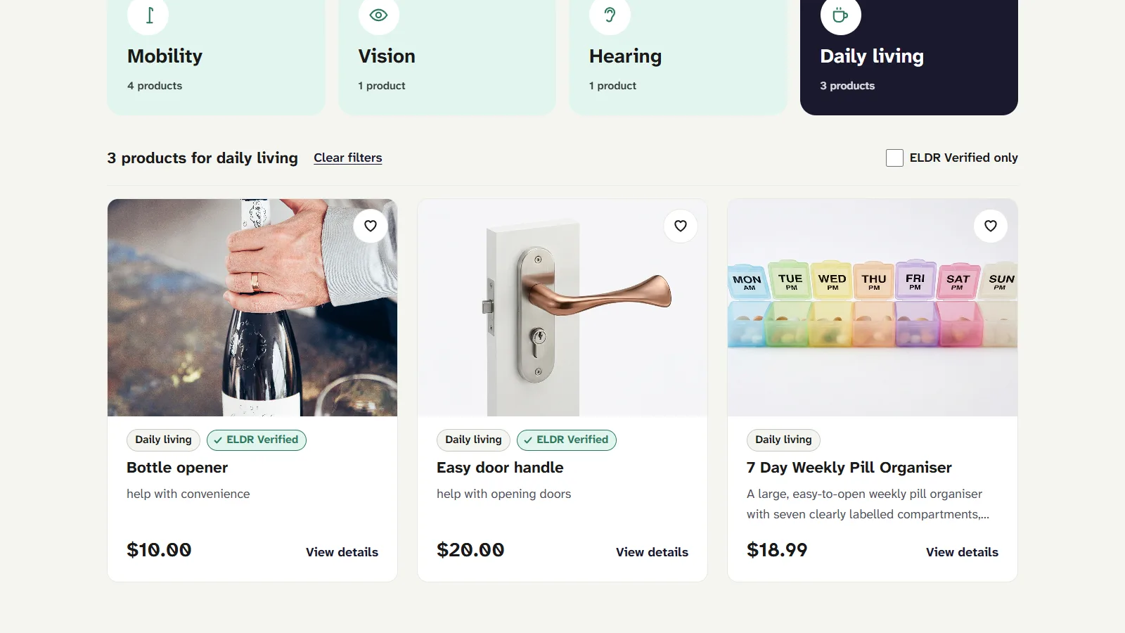 ELDR home page filtered to Daily living, with that category tile highlighted and three product cards below: a bottle opener and an easy door handle, both marked ELDR Verified, and a 7 day weekly pill organiser