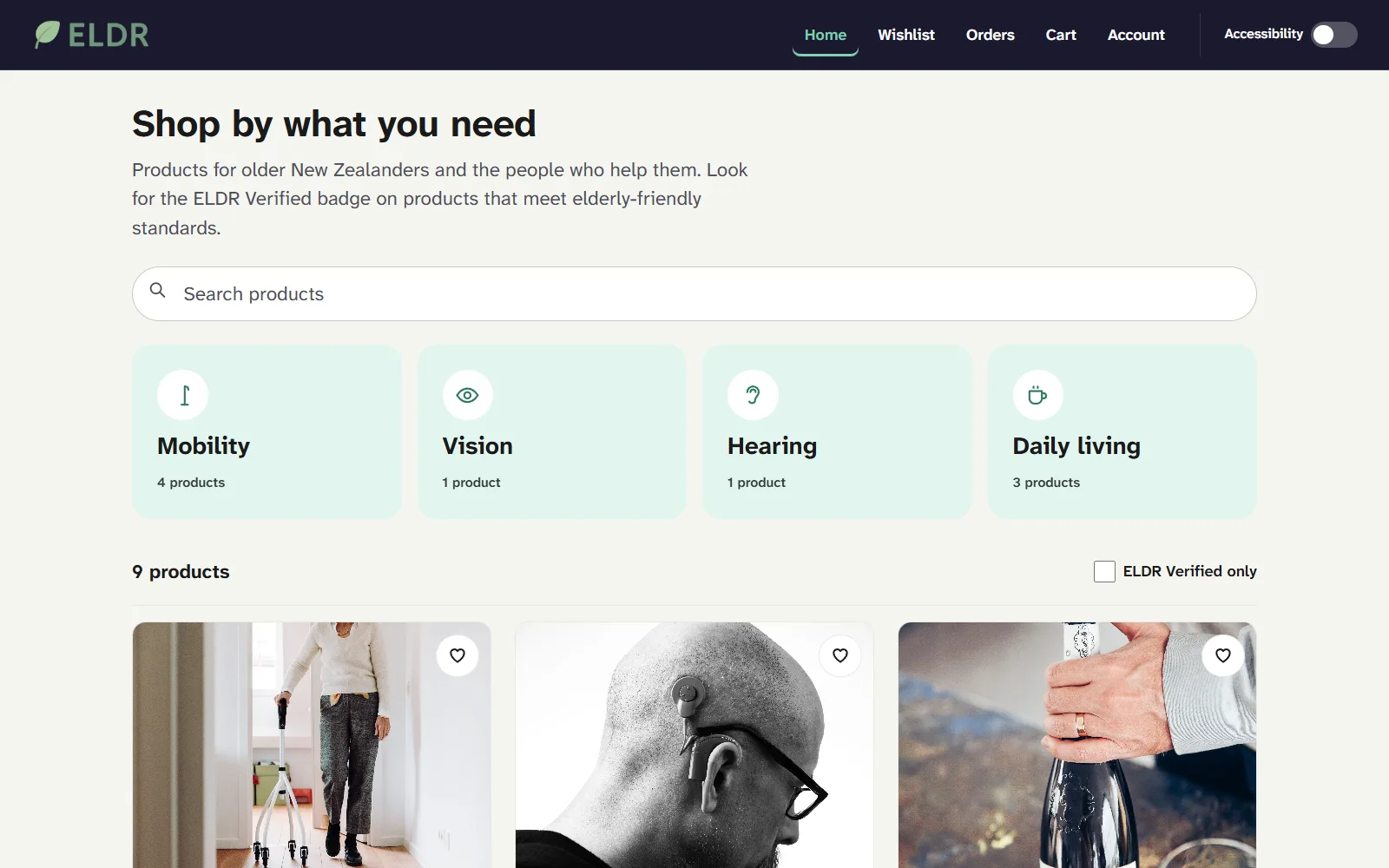 ELDR home page in the default theme: dark navy header, off-white background, pale green category tiles and a three-column grid of product cards