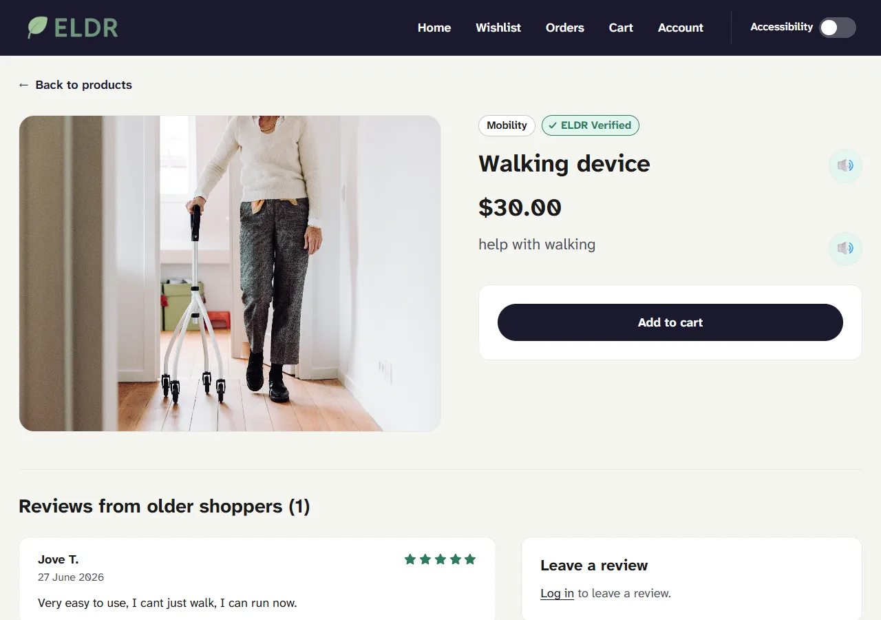 ELDR product page for a walking device, with a large photo, Mobility and ELDR Verified labels, a price of $30.00, read-aloud speaker buttons beside the name and description, an Add to cart button, and the start of the reviews section