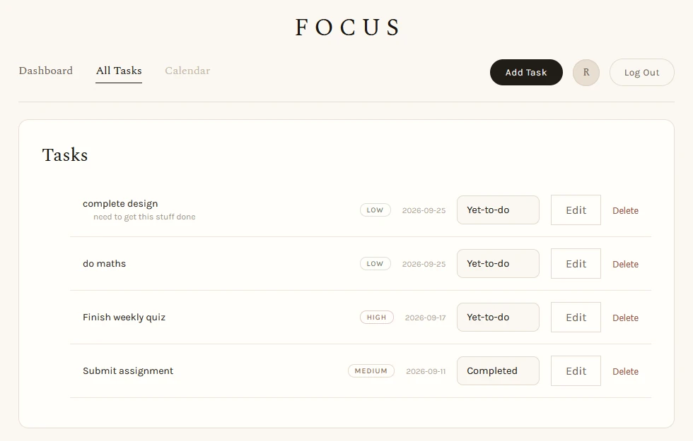 FOCUS All Tasks page listing four tasks with Low, High and Medium priority badges, dates from 11 to 25 September, and one task marked Completed