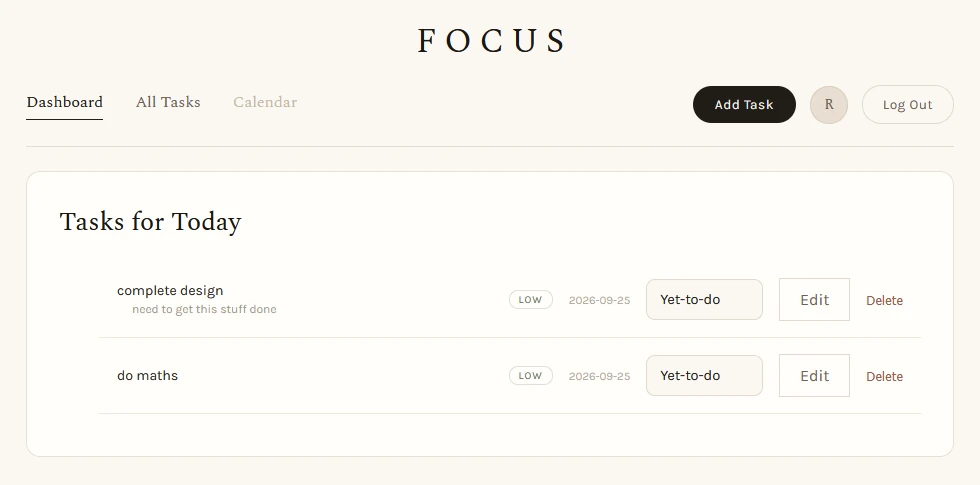 FOCUS dashboard showing Tasks for Today: two tasks, each with a Low priority badge, a date, a status dropdown set to Yet-to-do, and Edit and Delete buttons