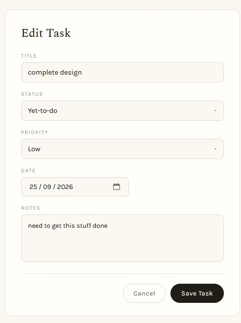 Edit Task form with title, status, priority, date and notes fields, and Cancel and Save Task buttons