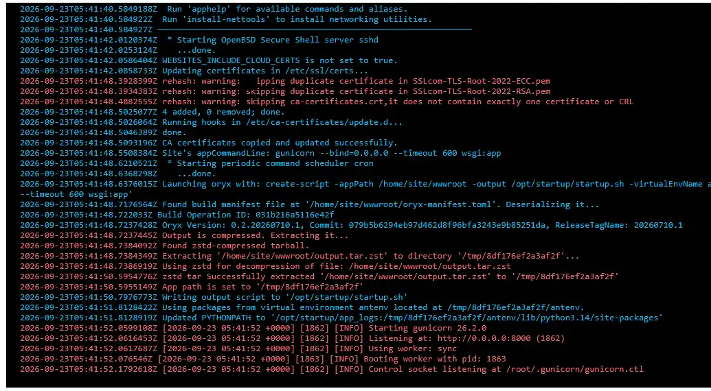Azure App Service log stream during startup, ending with gunicorn 26.2.0 starting, listening on port 8000 and booting a worker