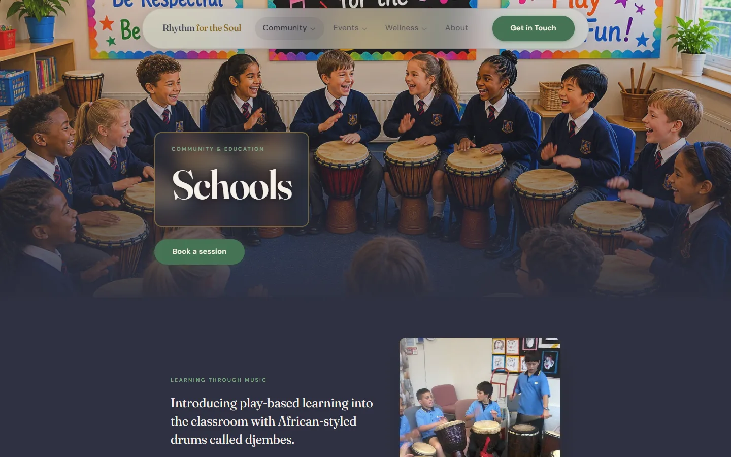 Rhythm for the Soul schools service page: a full-bleed hero of children playing djembe drums in a classroom, titled Schools, over the site's dark palette