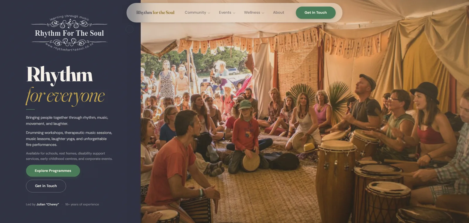 Rhythm for the Soul website homepage showing atmospheric dark design with drumming imagery and links to school, rest home, and event services