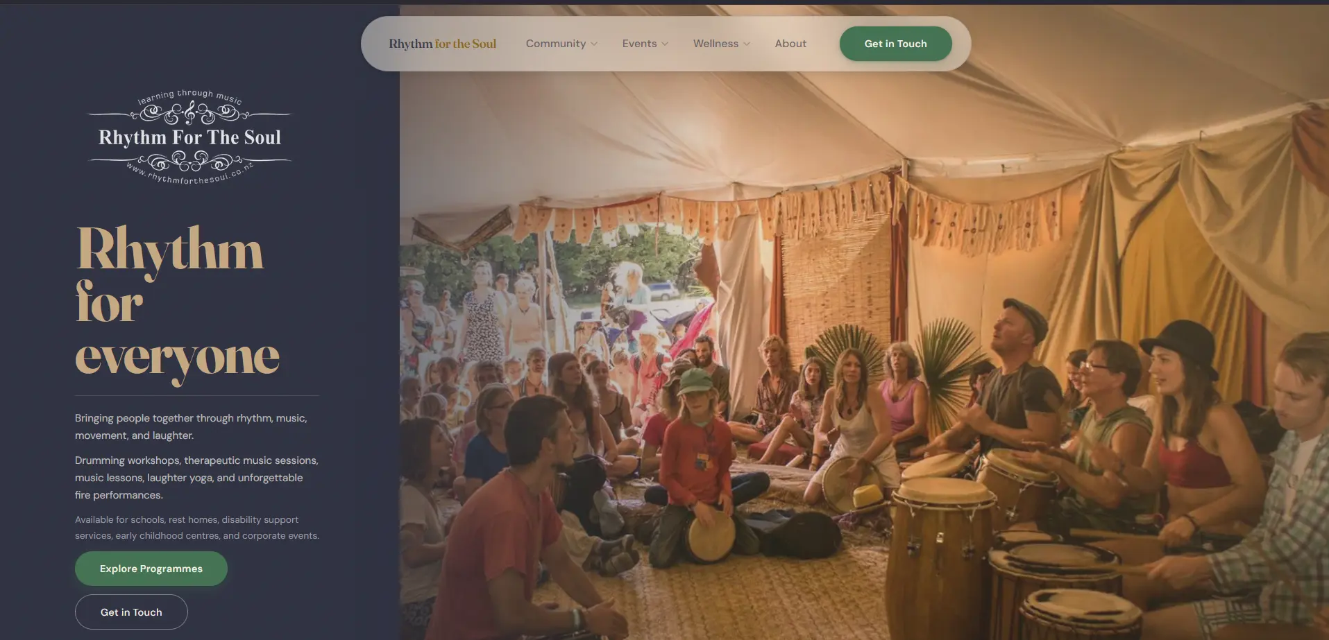 Rhythm for the Soul website homepage showing atmospheric dark design with drumming imagery and links to school, rest home, and event services